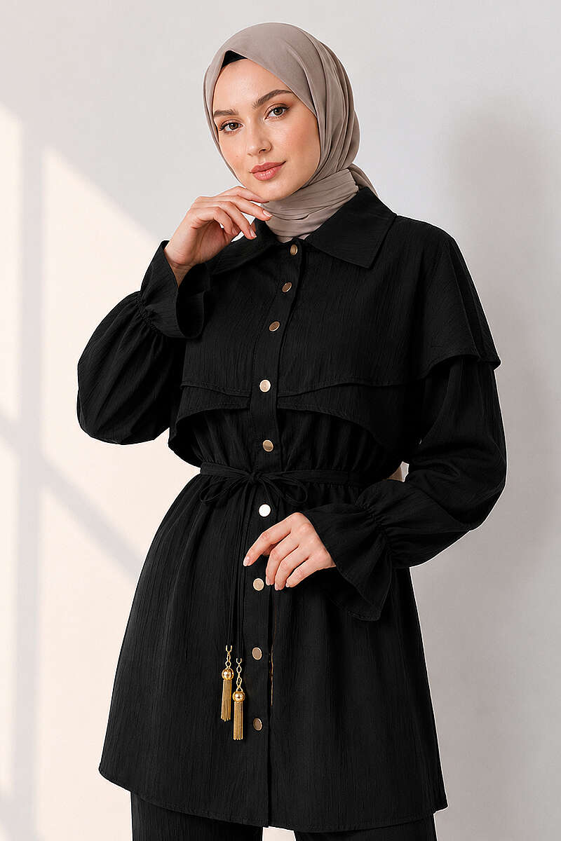 Button Two-Piece Set with Cape Detail - Black