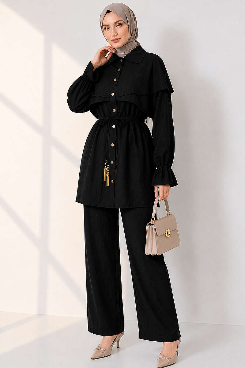 Button Two-Piece Set with Cape Detail - Black