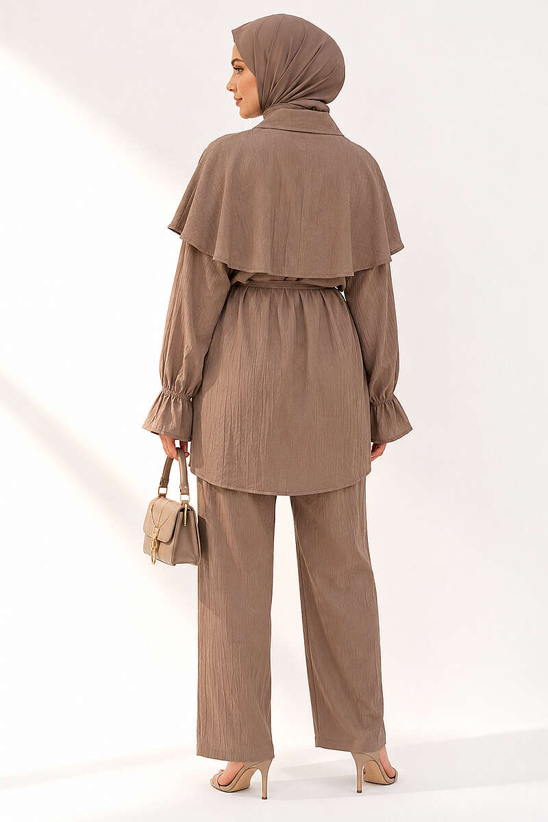 Button Two-Piece Set with Cape Detail - Mink