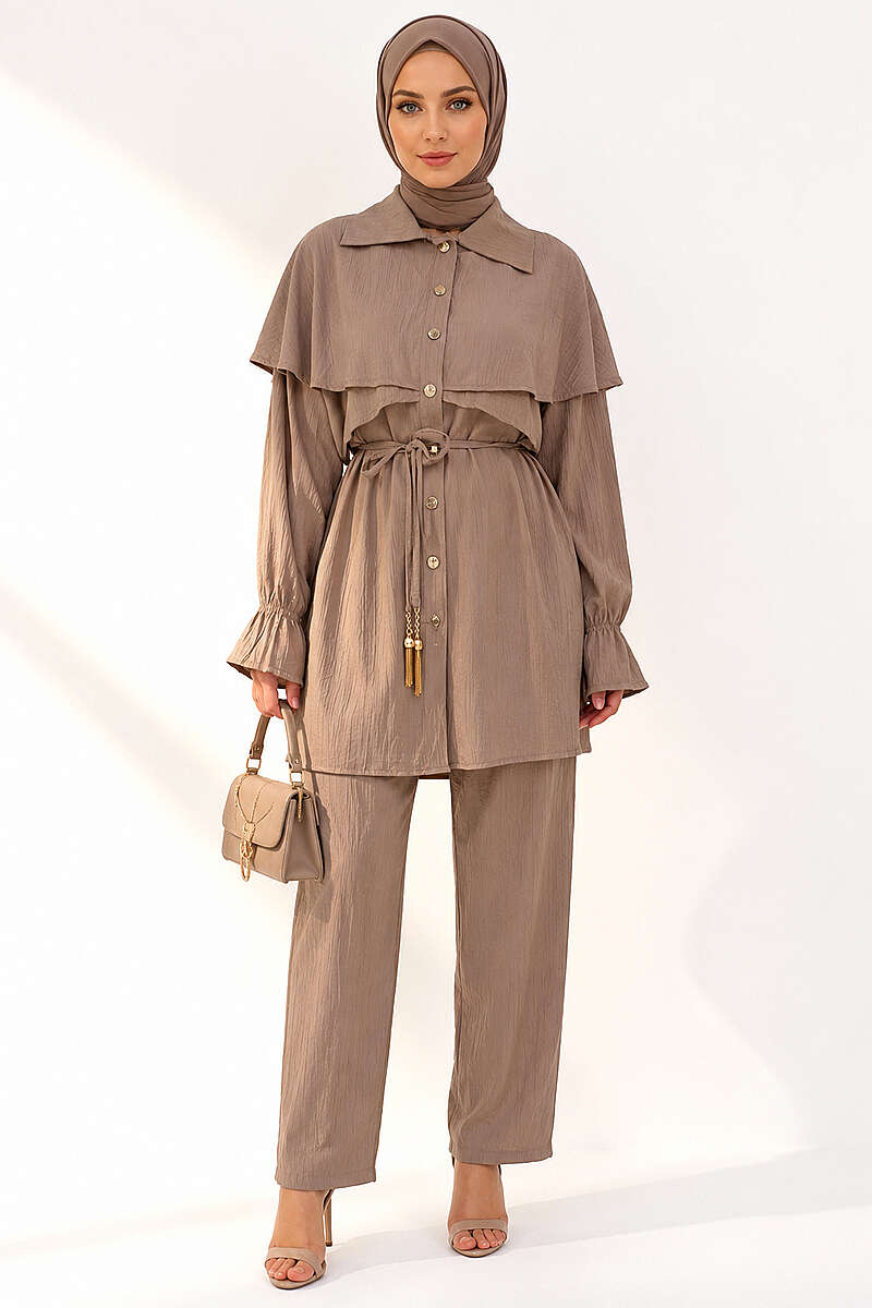 Button Two-Piece Set with Cape Detail - Mink