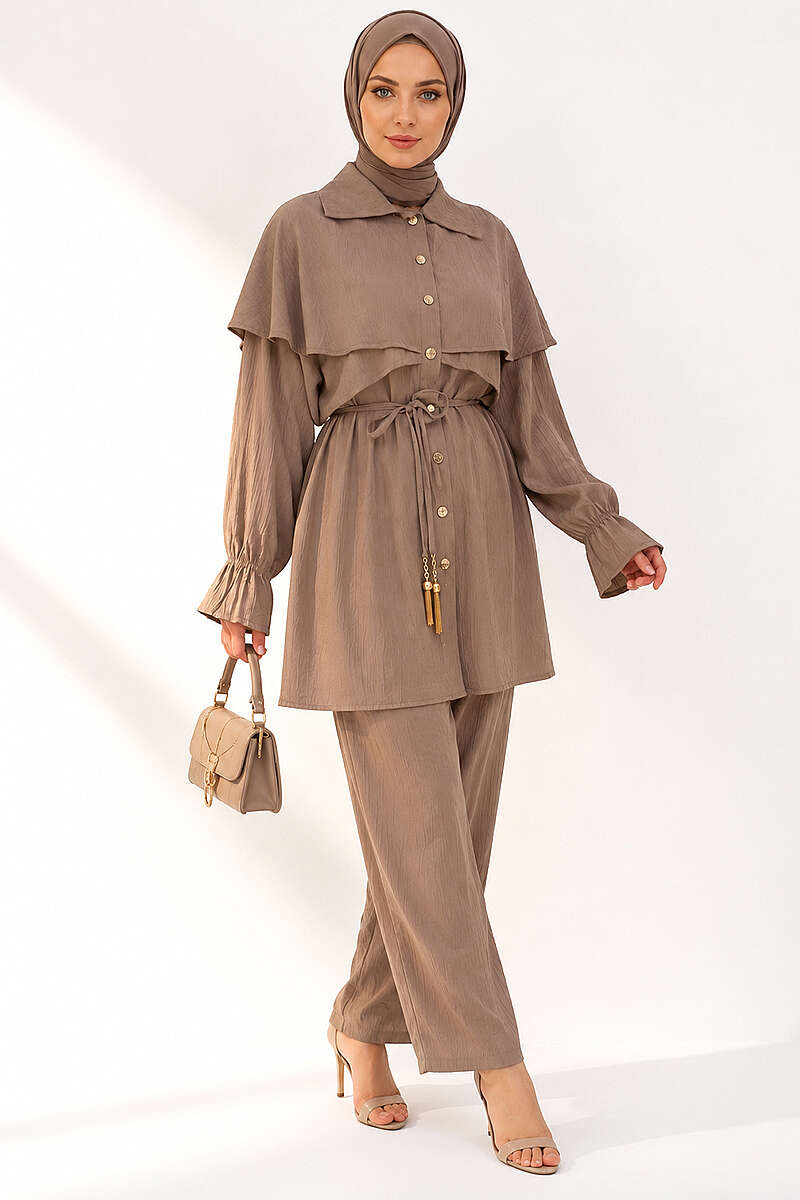 Button Two-Piece Set with Cape Detail - Mink
