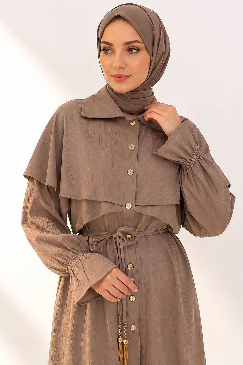 Button Two-Piece Set with Cape Detail - Mink