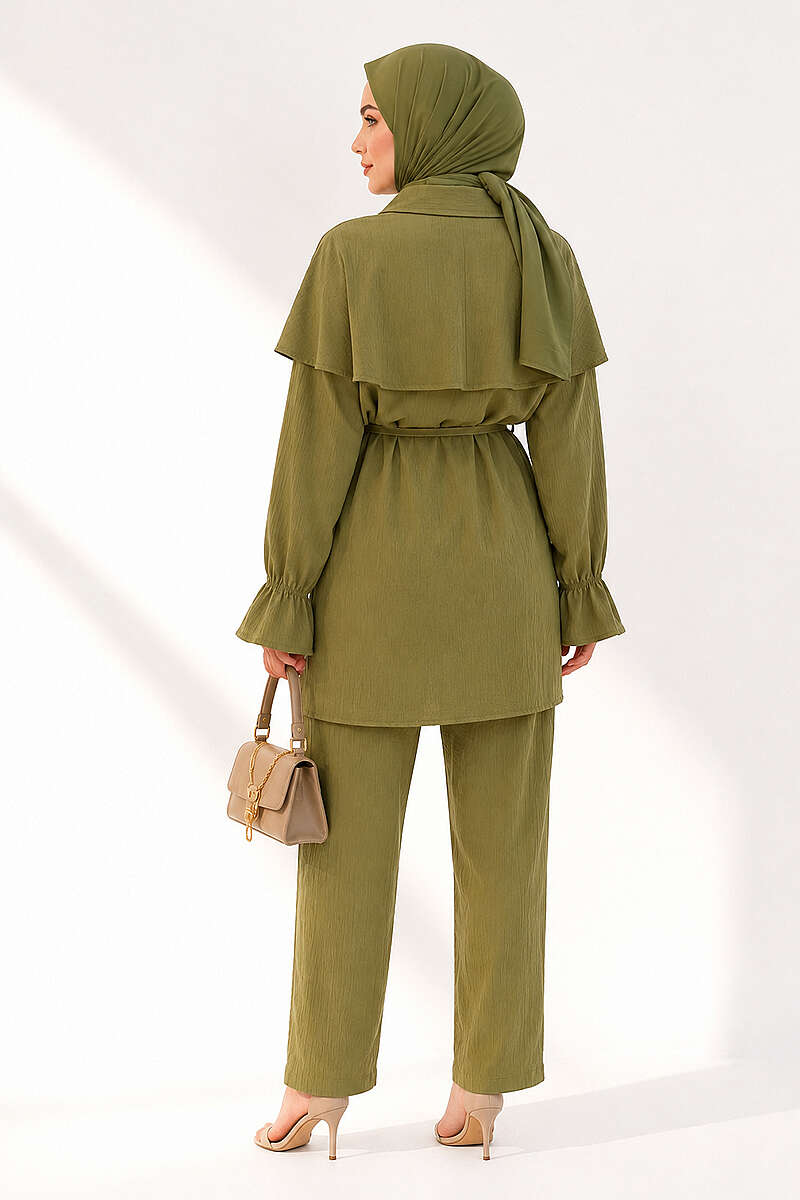 Button Two-Piece Set with Cape Detail - Olive