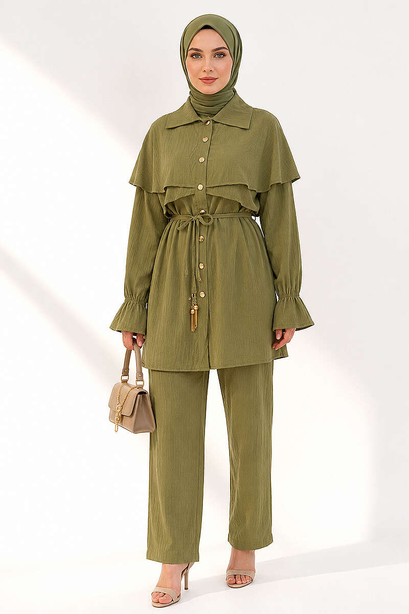 Button Two-Piece Set with Cape Detail - Olive