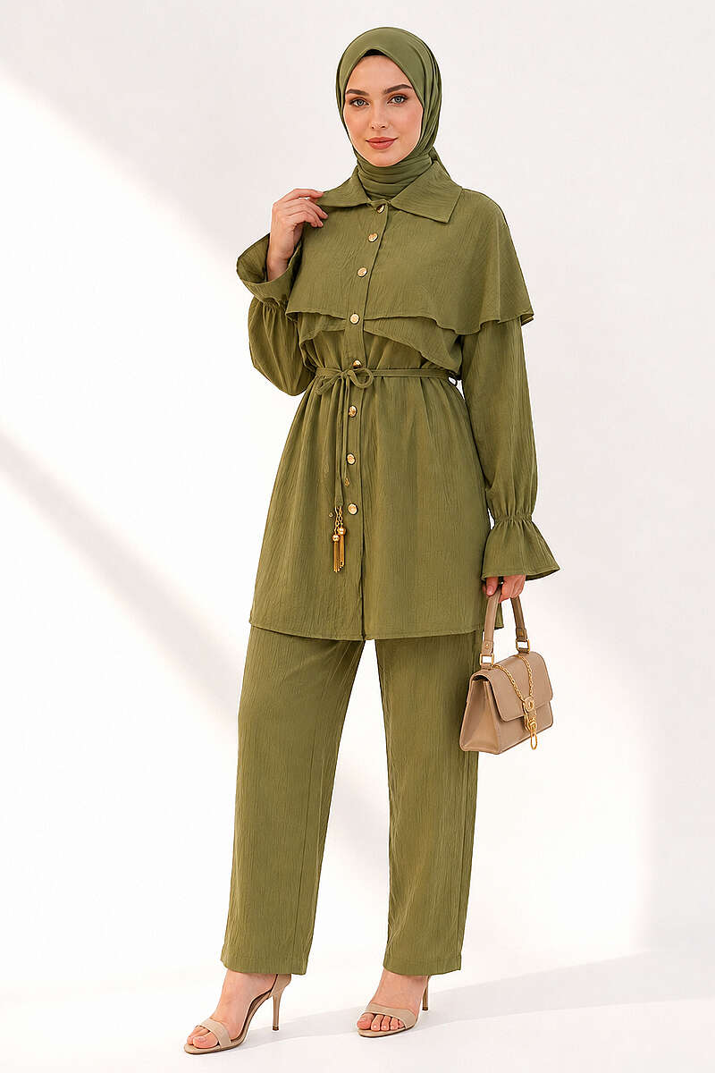 Button Two-Piece Set with Cape Detail - Olive