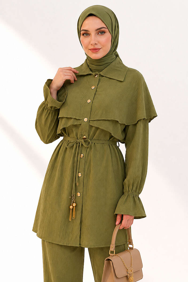 Button Two-Piece Set with Cape Detail - Olive