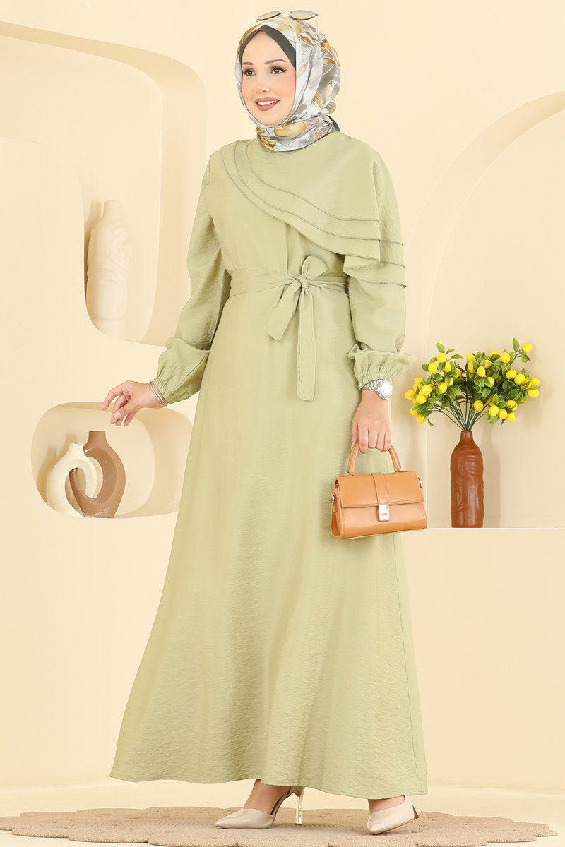 Belted Dress with Cape Detail - Almond Green