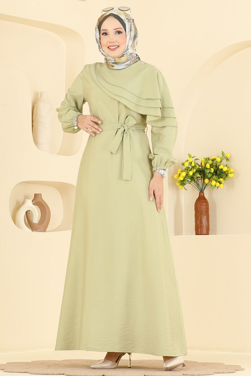 Belted Dress with Cape Detail - Almond Green