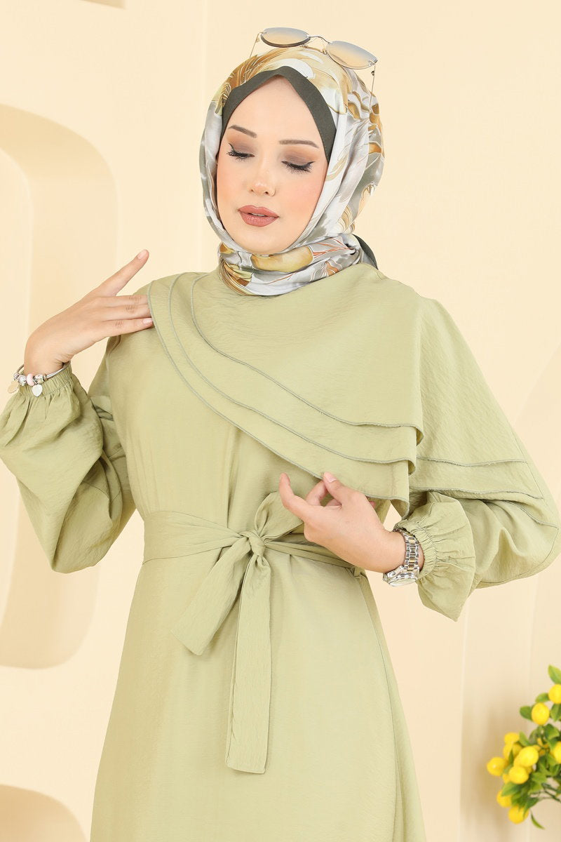 Belted Dress with Cape Detail - Almond Green