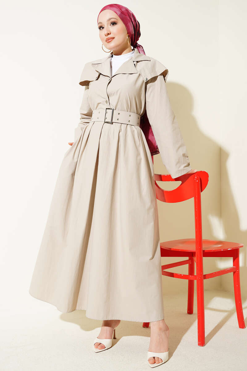Belted Dress with Cape Detail - Beige