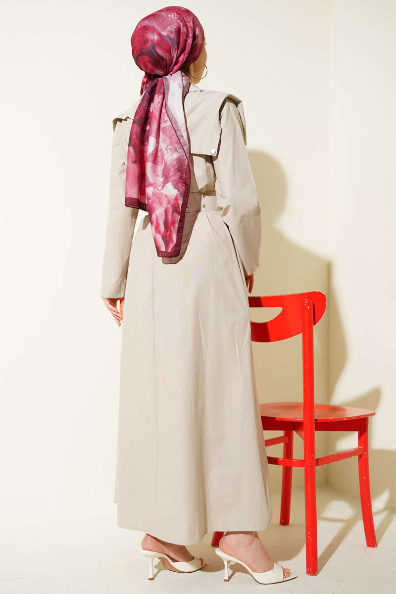 Belted Dress with Cape Detail - Beige