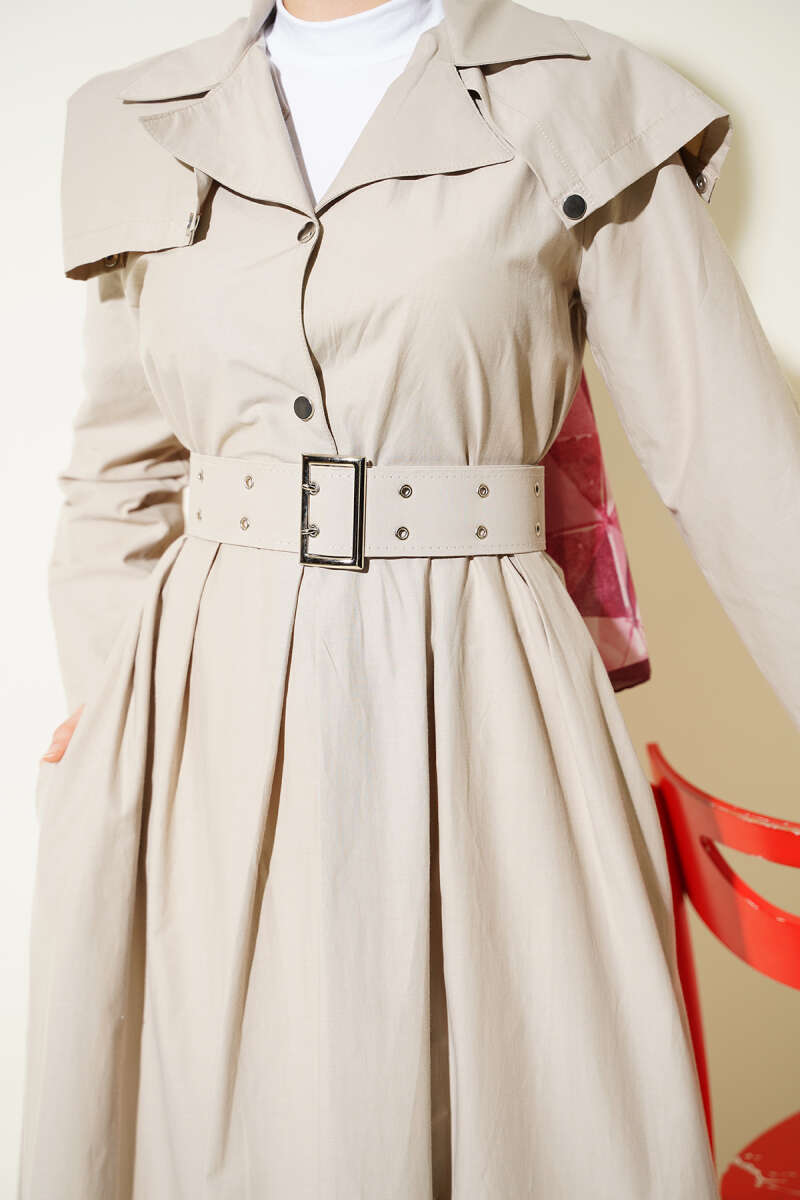 Belted Dress with Cape Detail - Beige