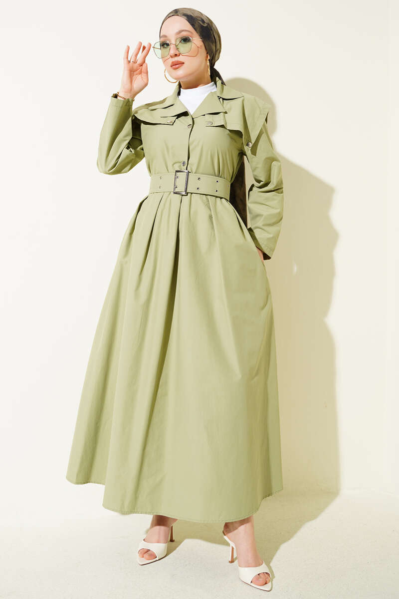 Belted Dress with Cape Detail - Almond Green