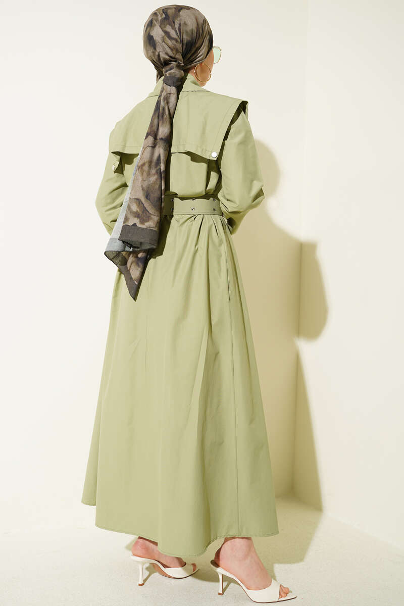 Belted Dress with Cape Detail - Almond Green