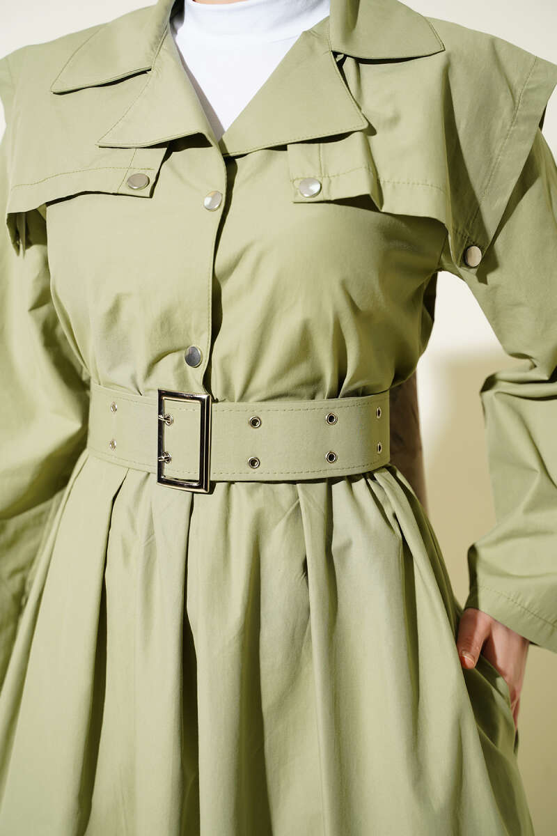 Belted Dress with Cape Detail - Almond Green