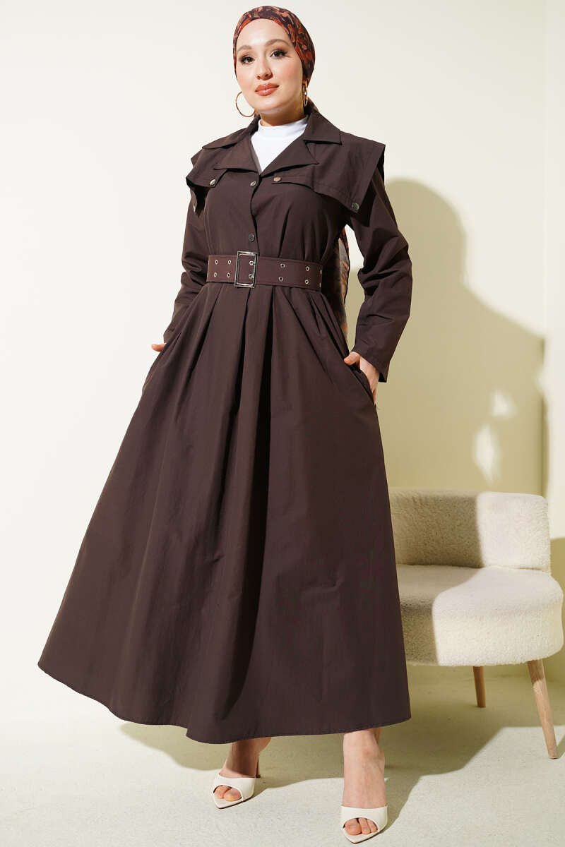 Belted Dress with Cape Detail - Brown