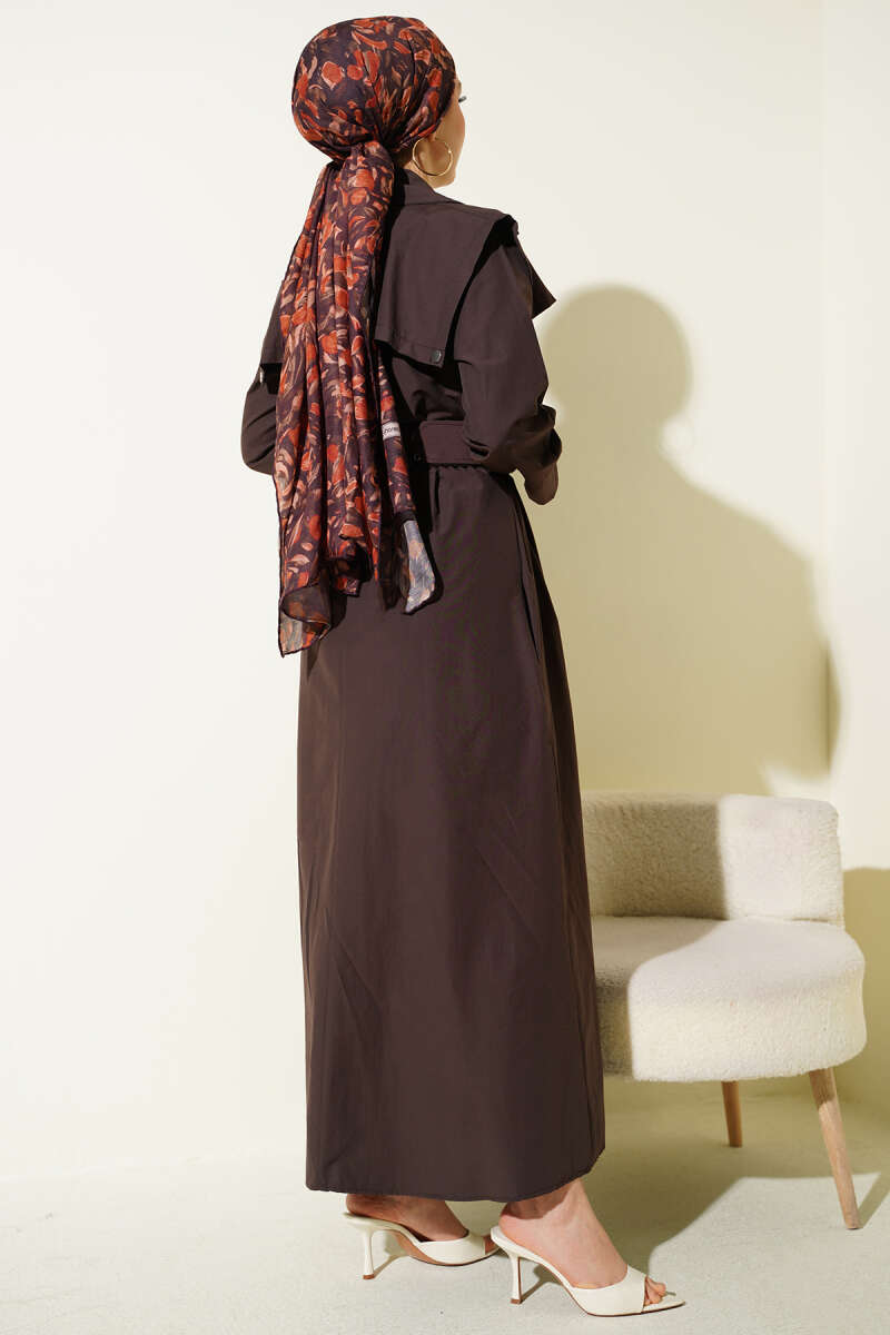 Belted Dress with Cape Detail - Brown