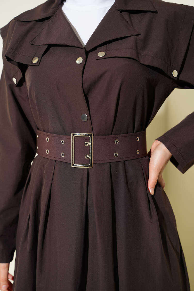 Belted Dress with Cape Detail - Brown