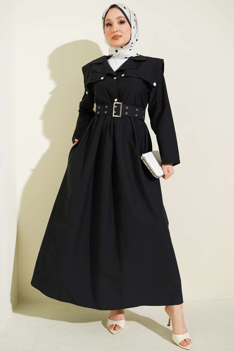 Belted Dress with Cape Detail - Black