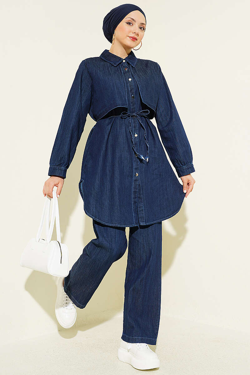 Denim Two-Piece Set with Cape Detail - Navy