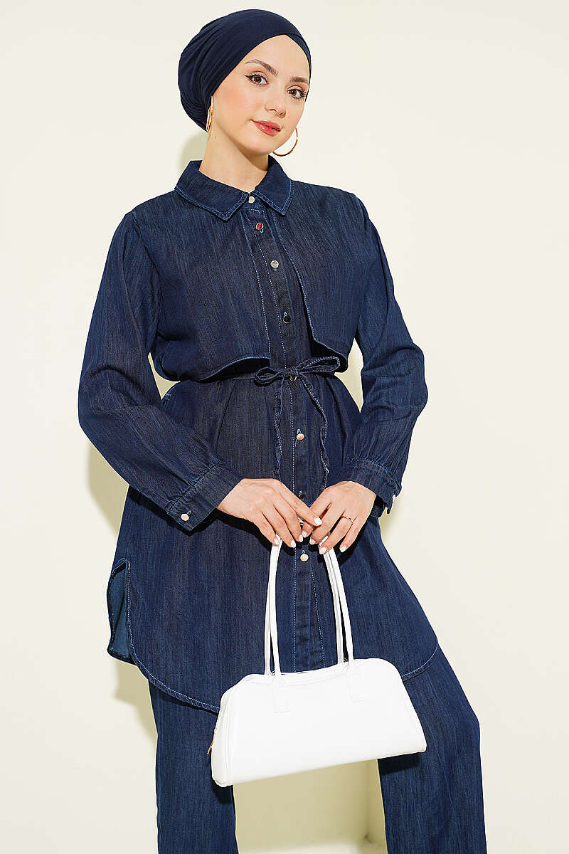 Denim Two-Piece Set with Cape Detail - Navy