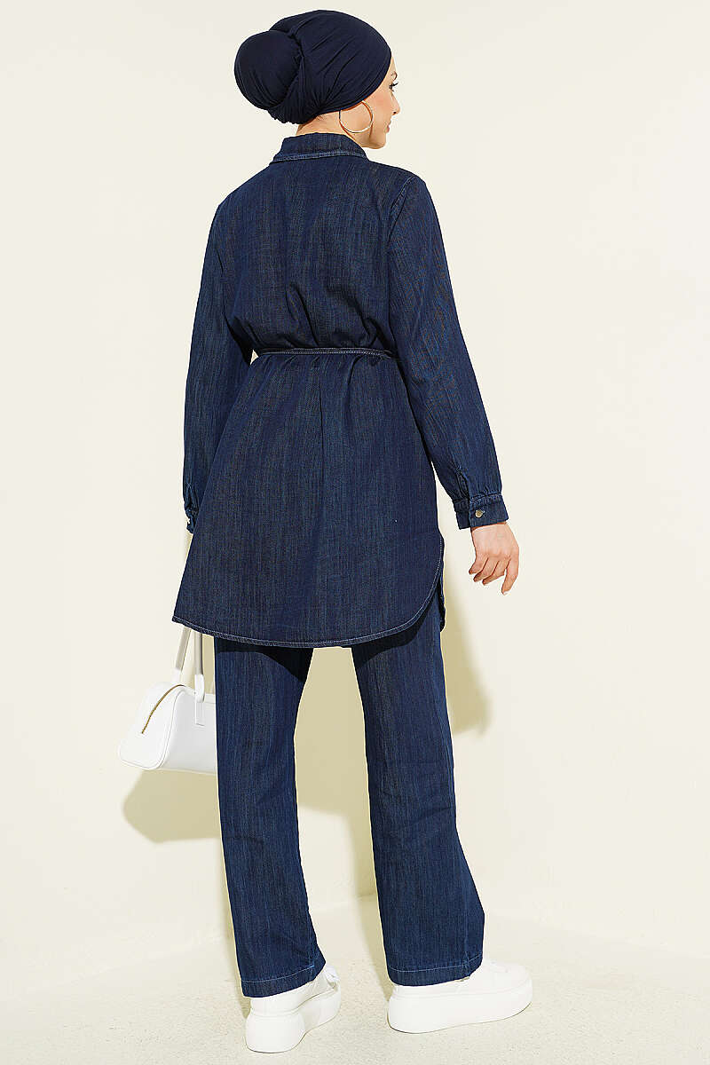 Denim Two-Piece Set with Cape Detail - Navy