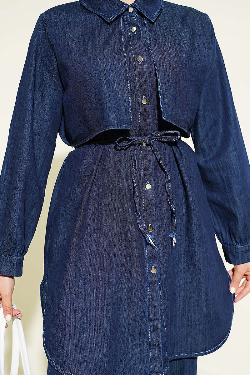 Denim Two-Piece Set with Cape Detail - Navy