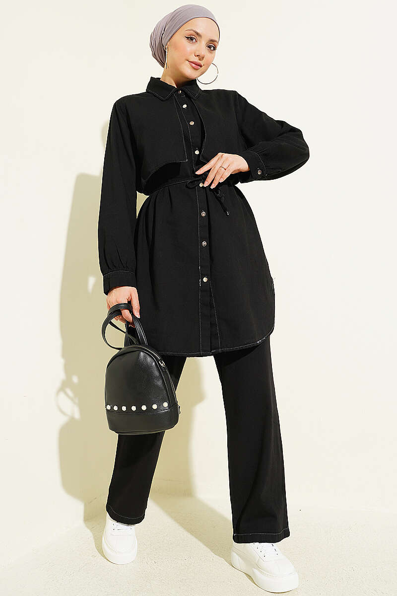 Denim Two-Piece Set with Cape Detail - Black