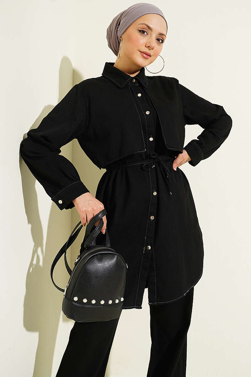 Denim Two-Piece Set with Cape Detail - Black