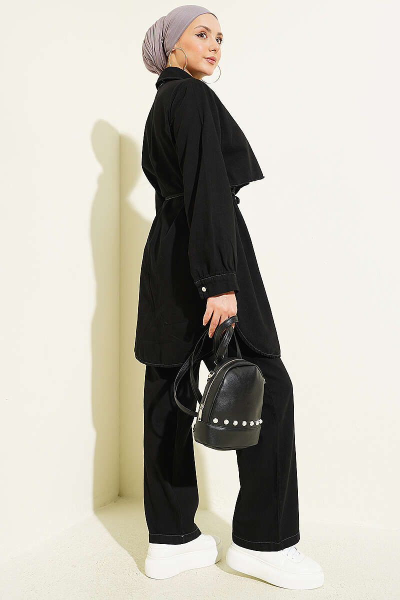 Denim Two-Piece Set with Cape Detail - Black
