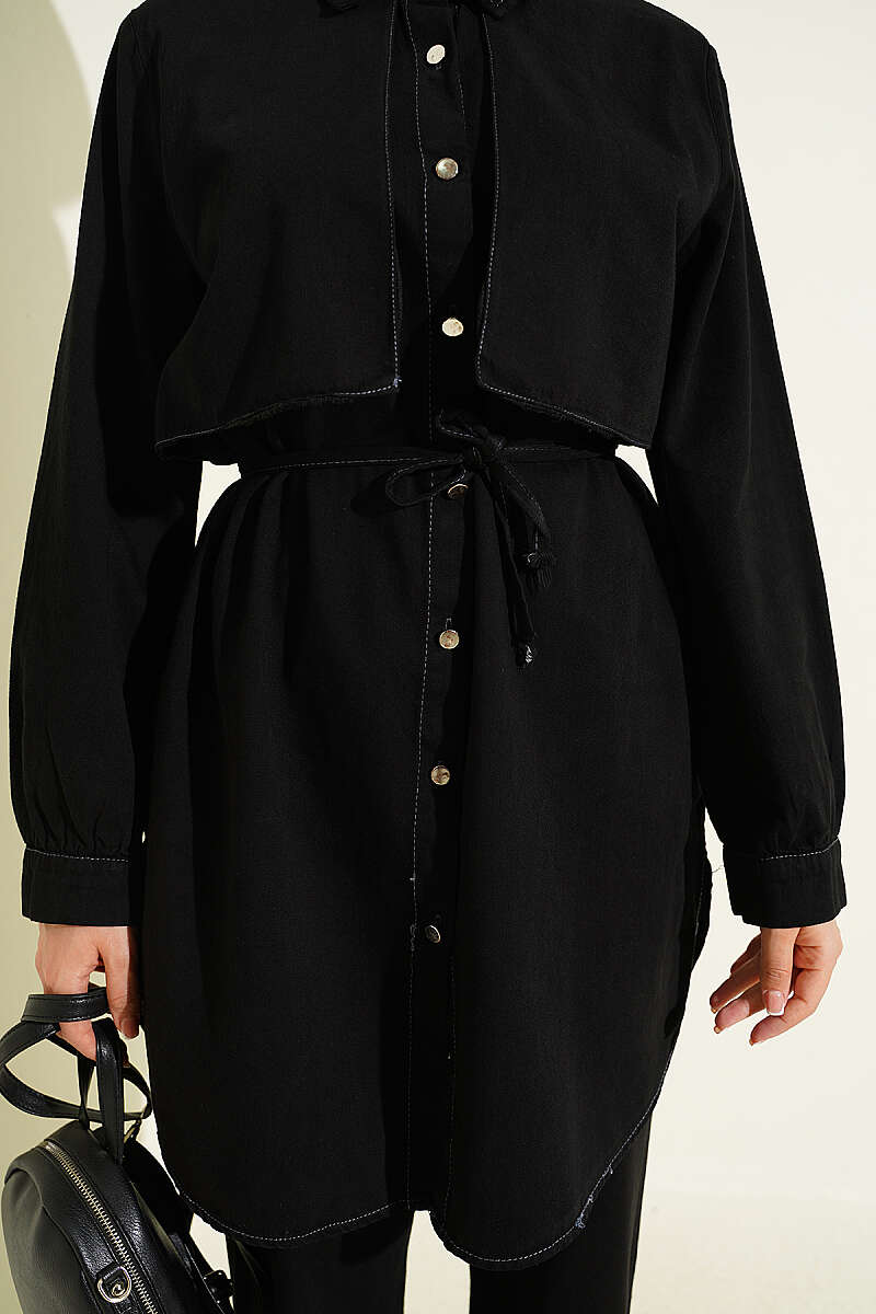 Denim Two-Piece Set with Cape Detail - Black