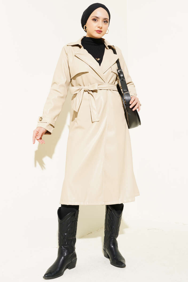 Belted Faux Leather Trench Coat with Cape - Beige