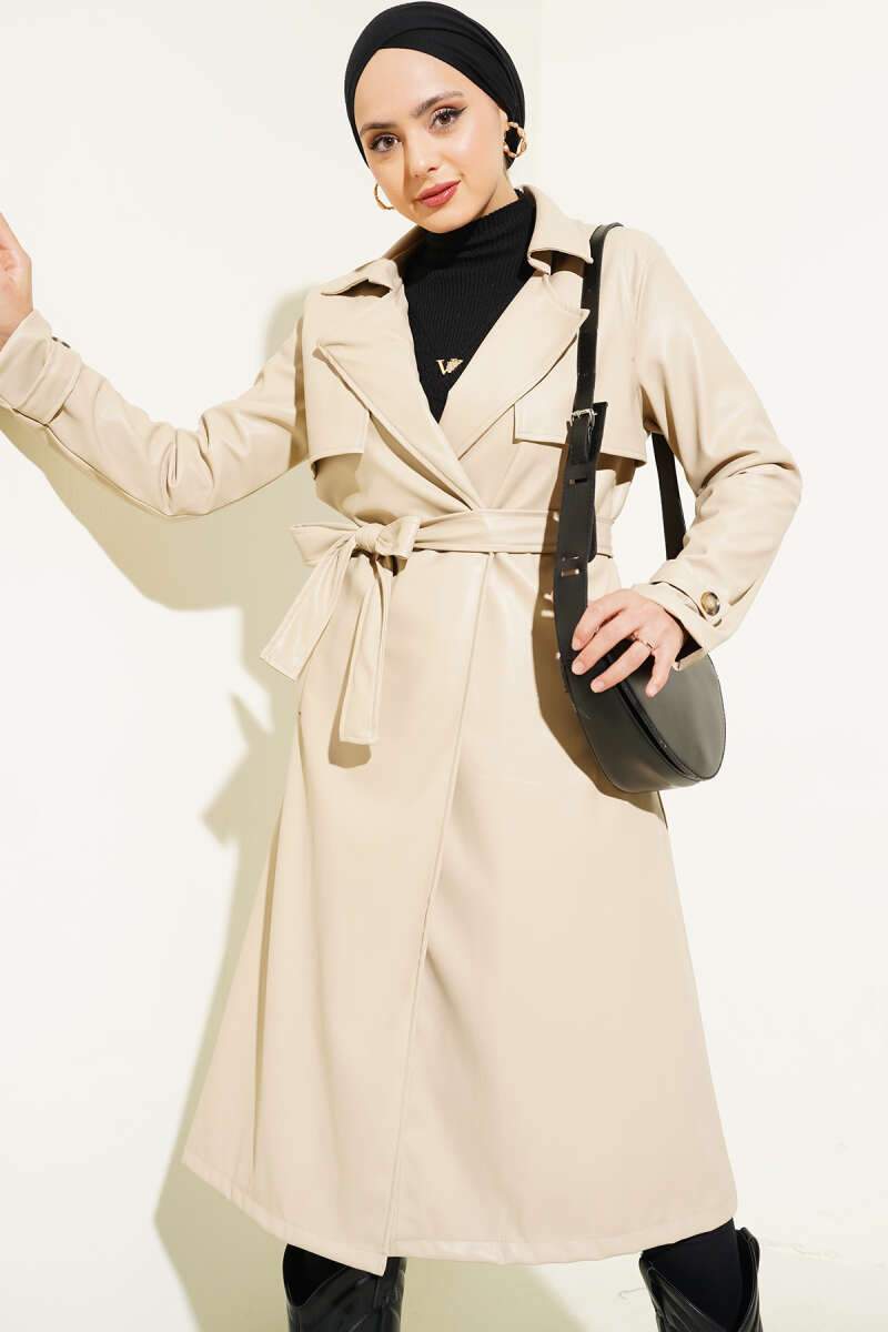 Belted Faux Leather Trench Coat with Cape - Beige