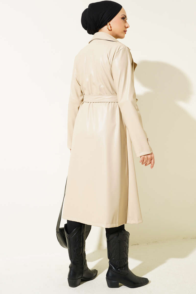 Belted Faux Leather Trench Coat with Cape - Beige