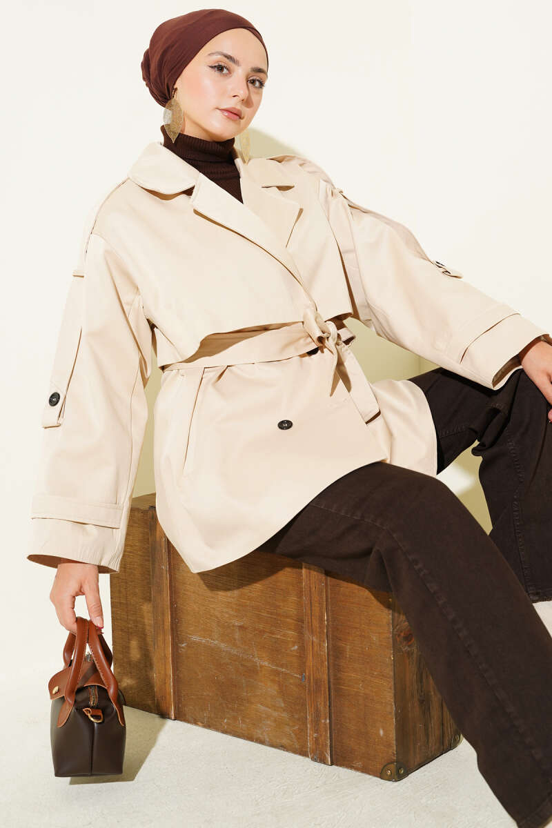 Short Belted Trench Coat with Cape - Beige