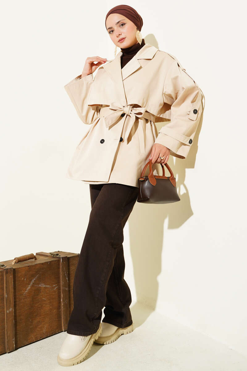 Short Belted Trench Coat with Cape - Beige