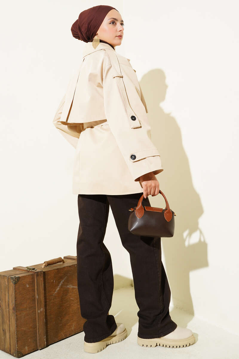 Short Belted Trench Coat with Cape - Beige