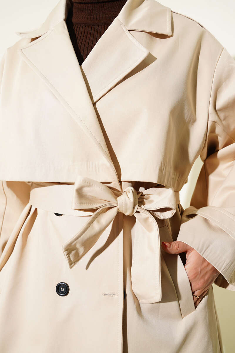 Short Belted Trench Coat with Cape - Beige