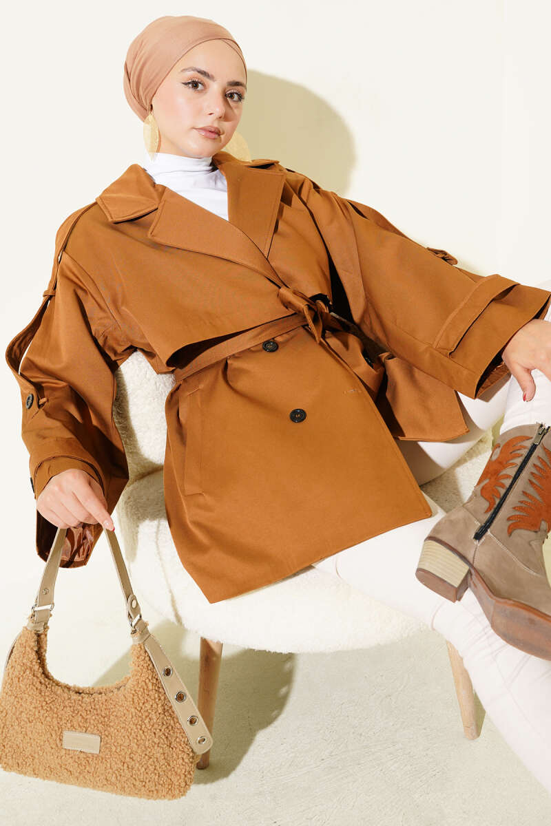 Short Belted Trench Coat with Cape - Camel