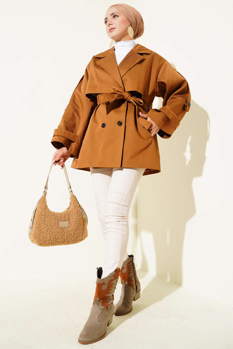 Short Belted Trench Coat with Cape - Camel