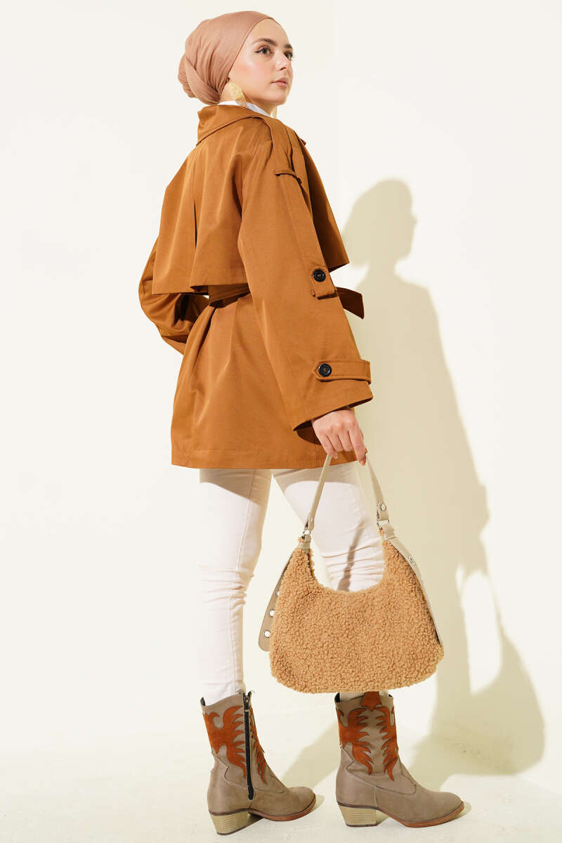 Short Belted Trench Coat with Cape - Camel