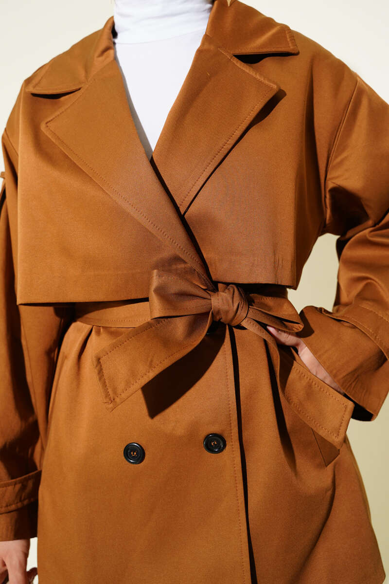 Short Belted Trench Coat with Cape - Camel