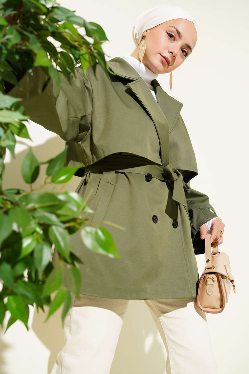 Short Belted Trench Coat with Cape - Khaki