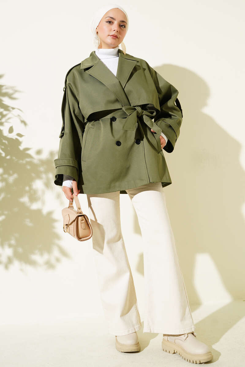 Short Belted Trench Coat with Cape - Khaki