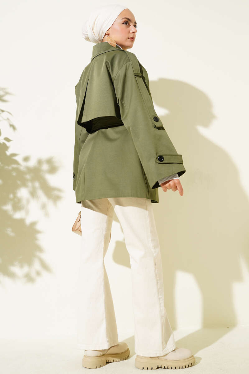 Short Belted Trench Coat with Cape - Khaki