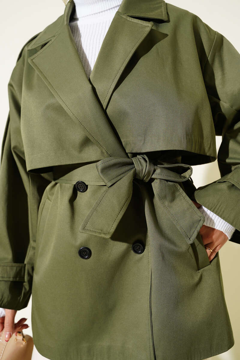 Short Belted Trench Coat with Cape - Khaki