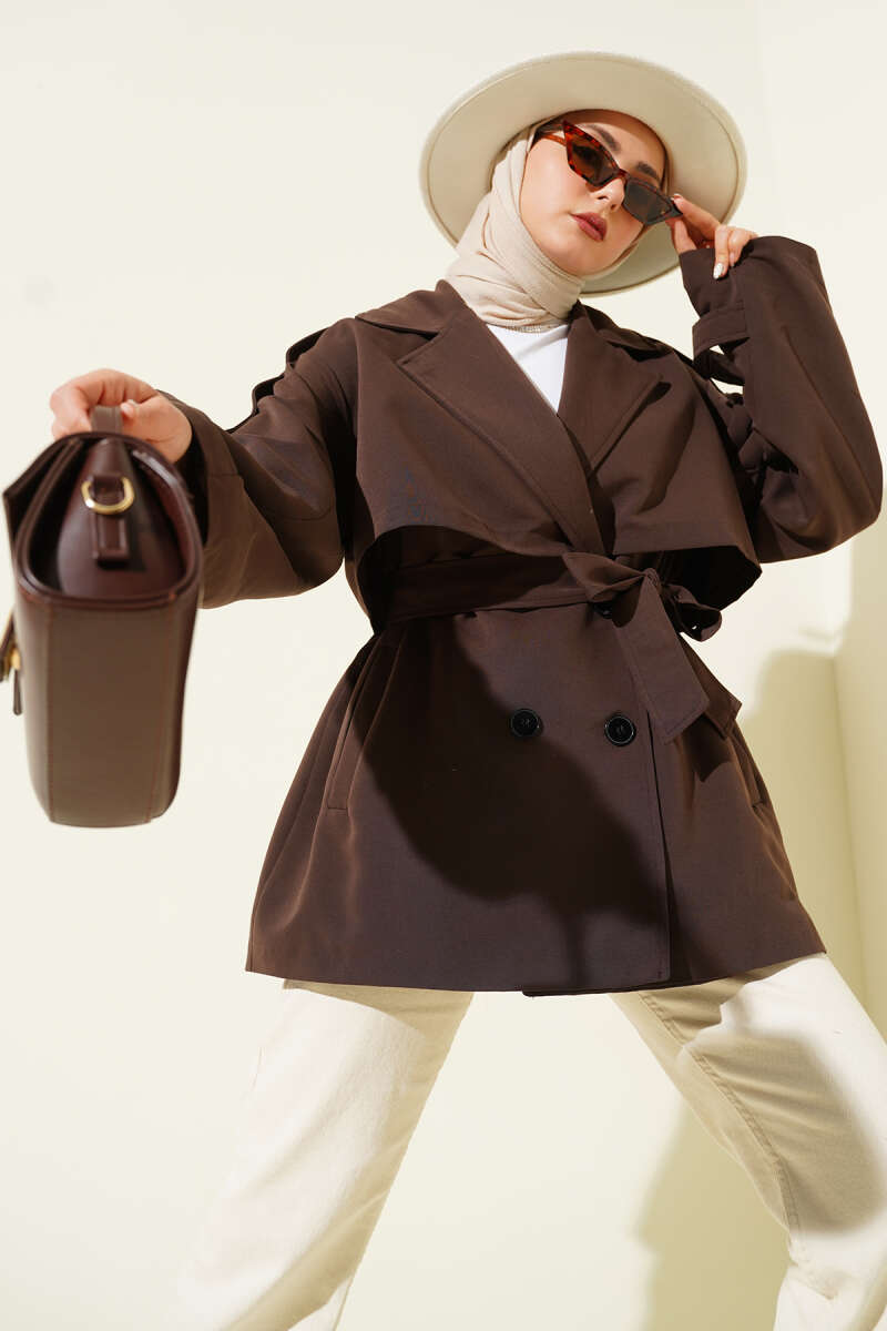 Short Belted Trench Coat with Cape - Brown