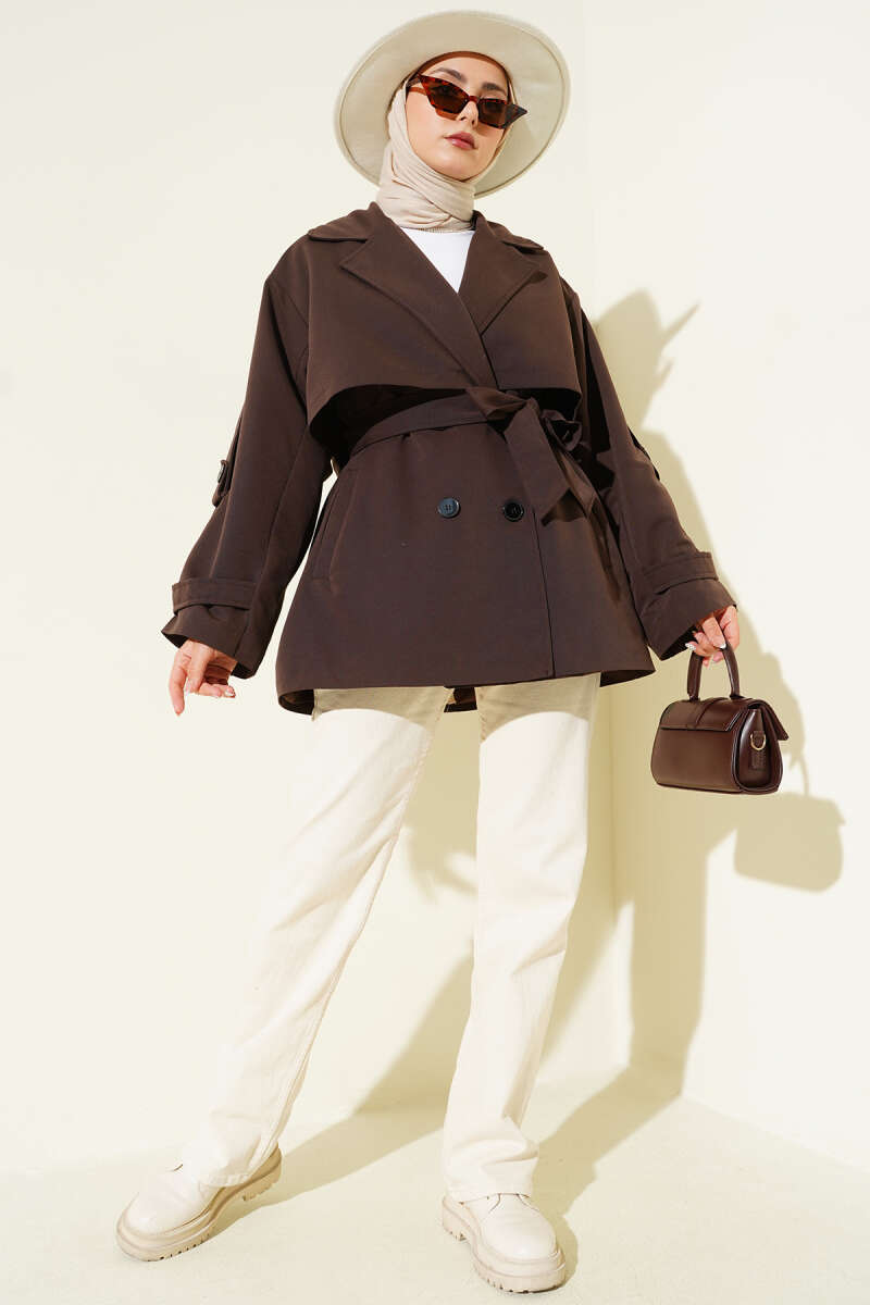 Short Belted Trench Coat with Cape - Brown