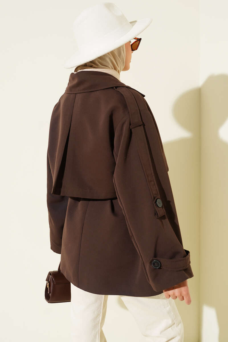 Short Belted Trench Coat with Cape - Brown