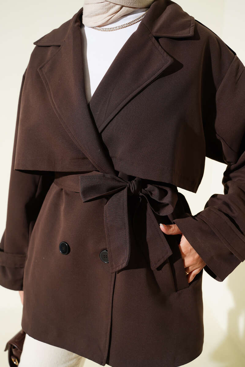 Short Belted Trench Coat with Cape - Brown